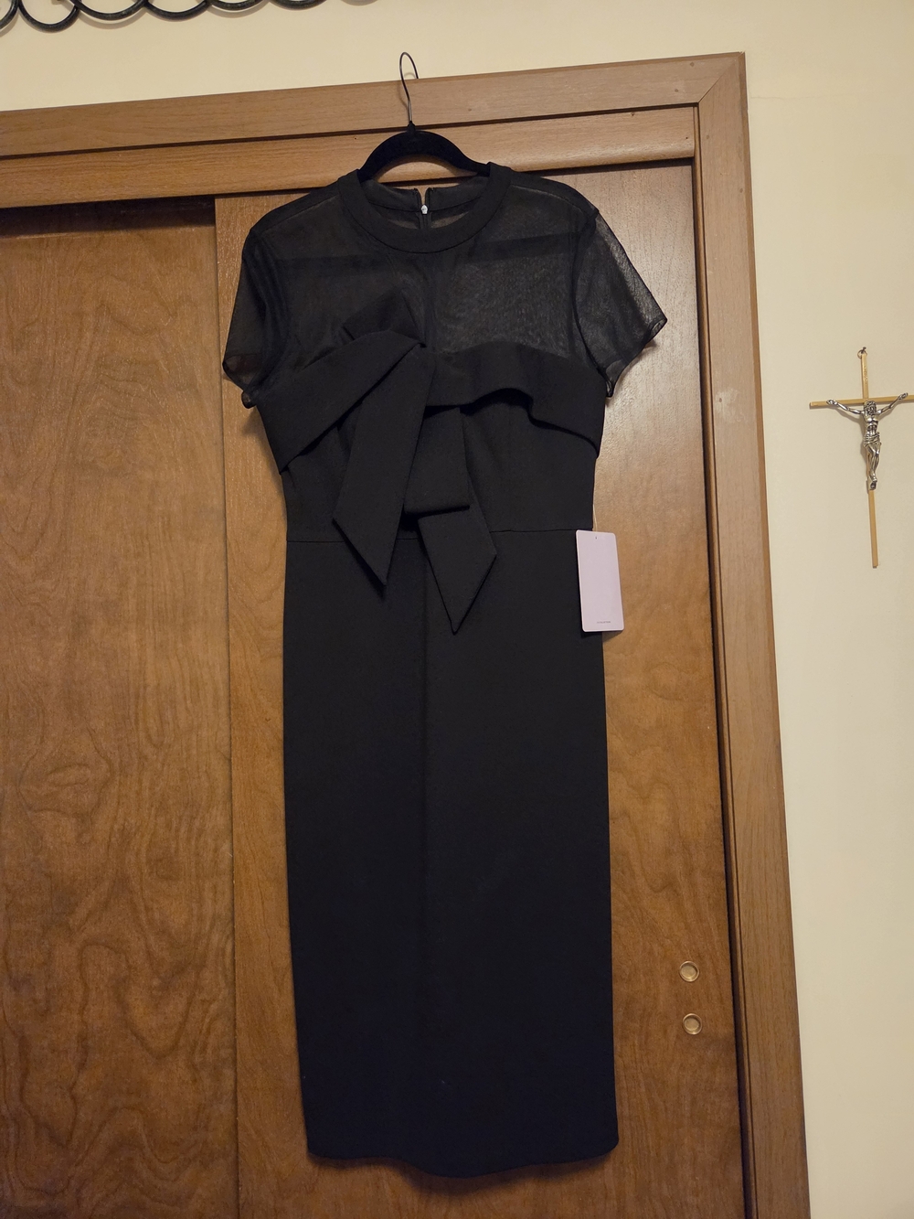 Black Sheer-Bodice Midi Dress with Front Bow